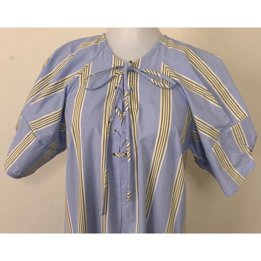 NEW Maeve Short Sleeve Crossover V-Neck Midi Dress Striped Petite Small Blue - Picture 5 of 12